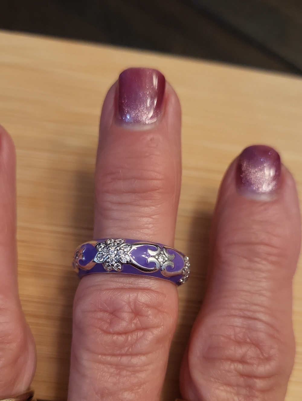 Sterling Silver 925 Purple Enamel CZ Floral wide band ring - Picture 7 of 12